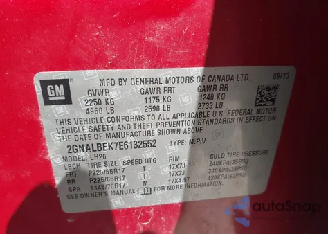 2014 Chevrolet Equinox 1Lt из США, поврежденный, VIN 2GNALBEK7E6132552